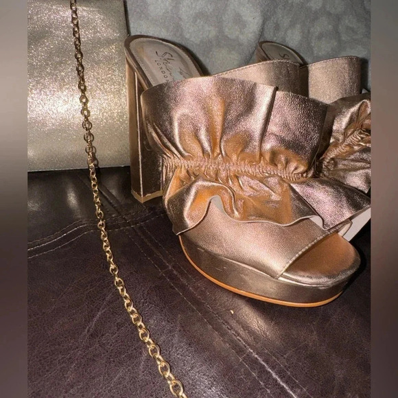 SHELLEYS LONDON DELPHINE RUFFLE CHUNK PLATFORM OPEN TOE ROSE GOLD MULES 7.5 - Picture 15 of 16